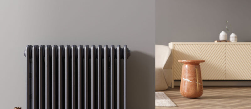 Heating radiator on gray wall in modern room. Home interior. Central heating system. Heating is getting more expensive. Energy crisis. 3D rendering